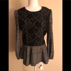 Houndstooth and lace peplum top